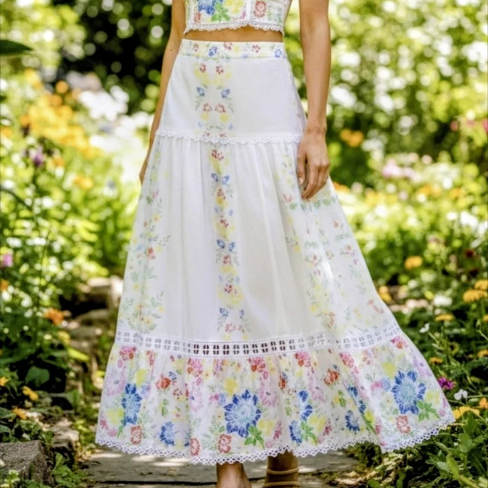 Charo Ruiz White Floral Garden Multi Colored Maxi/Midi Skirt, Cotton, NWT size M - Picture 13 of 15